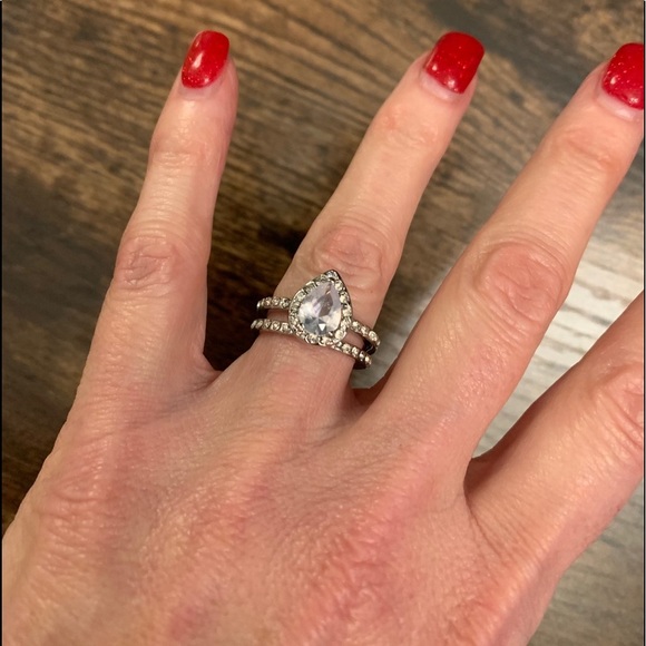 Pear Shaped Sterling Silver Engagement Ring Set - Picture 2 of 7